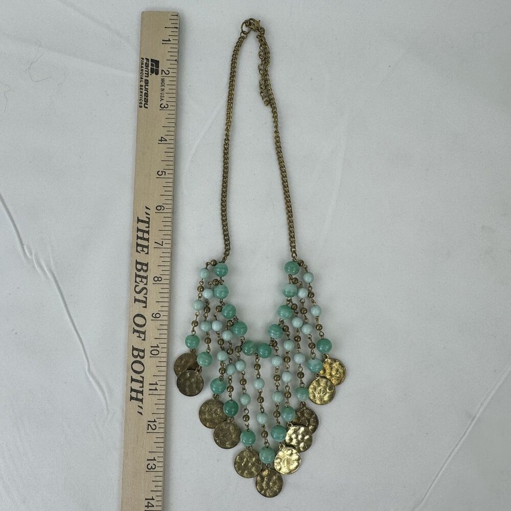 Vtg Multi-Strand Faux Jade Beaded Necklace 21" Brass Discs Art Deco Statement - Picture 5 of 9
